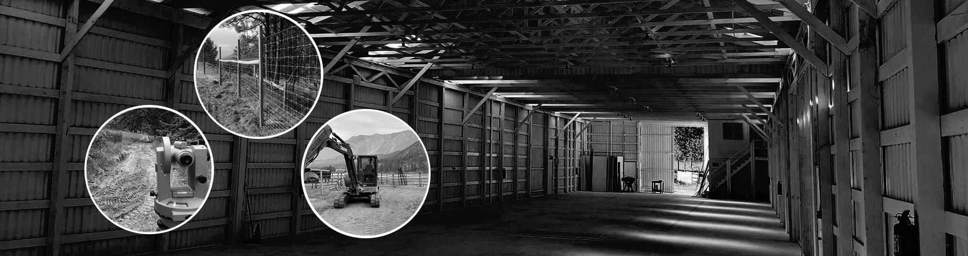 Excavation, surveying, and fencing images on an empty warehouse background